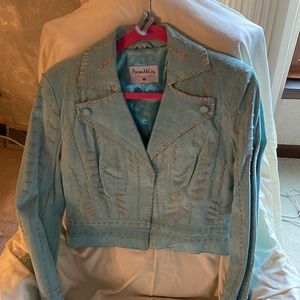 Pamela McCoy Womens suede baby blue jacket with tan embroidery. Size Small.